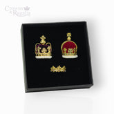 Crown-shaped earrings in a black box with 'Crowns & Regalia' branding.